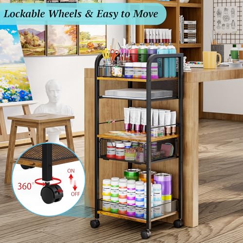 5-Tier Metal Rolling Utility Cart with Drawer, Craft Storage Cart with DIY Divider and Lockable Wheel, Versatile Paint Brush Holder & Paint Organizer & Craft Organizers and Storage for Drawing Room