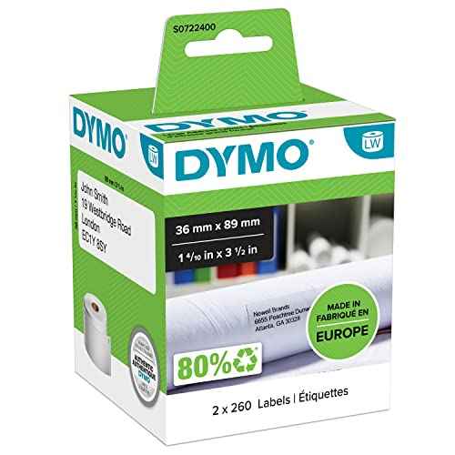 Dymo S0722400 Labelwriter Large Address Labels, Self-Adhesive, 36 X 89 Mm, 2 Rolls of 260 - Black Print On White