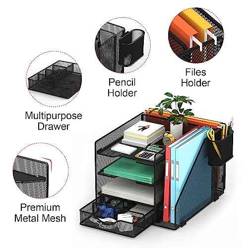 Desk Organizer with Hanging File Holder, Paper Letter Tray Organizer with Drawer and Pen Holder, Mesh Desktop Organizer and Storage for Office Supplies(Black)