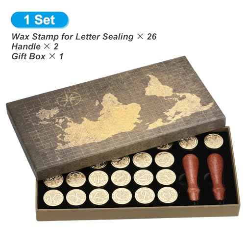 PATIKIL Alphabet Wax Seal Stamp Kit, 26 Letters A-Z Sealing Wax Stamp with 2pcs Wooden Handles, Gift Box Letter Initial Brass Head Vintage, Style 2