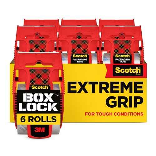 Scotch Box Lock Packing Tape, Clear Packaging Tape, Extreme Grip Box Tape for Holiday Shipping, 1.88 in. x 22.2 yd., 6 Tape Rolls with Dispensers