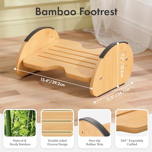 Amazer Bamboo 2-in-1 Under Desk Foot Rest (Natural, 1-Tier) — Reversible Rocking/Static Foot Stool