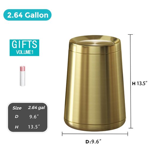 YOJIA 2.6Gal/10 L Gold Brushed Stainless Steel Trash Can with Swing Cover, Bathroom Trash Can with Lid, Garbage Can for Bathroom, Bedroom, Office, Hotel, Rest Room, RV (Gold)