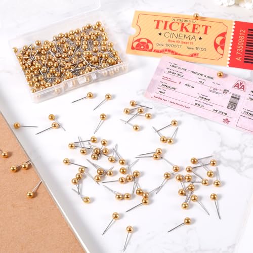 Gold 200pcs Map Push Pins Round Head Tacks for Travel - 4x15mm with Storage Box