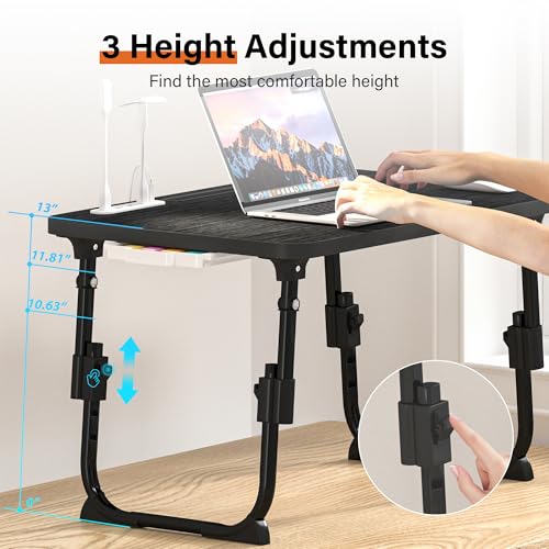 Laptop Desk for Bed Height Adjustable, Lap Bed Table with USB/Storage Drawer/Cup Holder/Tablet Stand/Book Shelf, Foldable Breakfast Tray Portable for Reading Writing, Sofa & Floor, Black