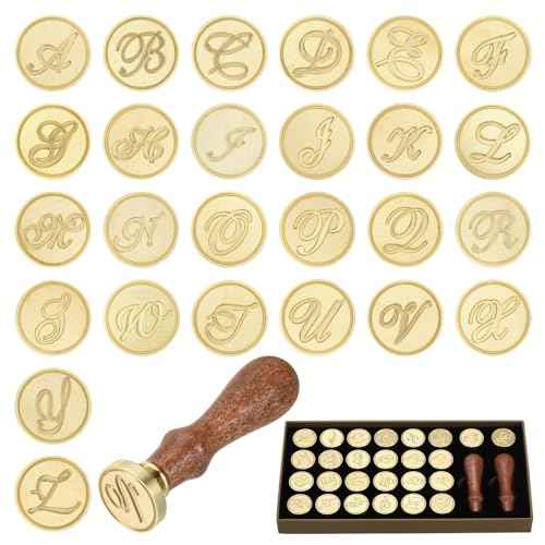 PATIKIL Alphabet Wax Seal Stamp Kit, 26 Letters A-Z Sealing Wax Stamp with 2pcs Wooden Handles, Gift Box Letter Initial Brass Head Vintage, Style 3
