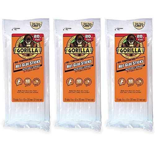 Gorilla Hot Glue Sticks, Full Size, 8" Long x .43" Diameter, 20 Count, Clear, (Pack of 1) (¬´hree P¬Ñck)