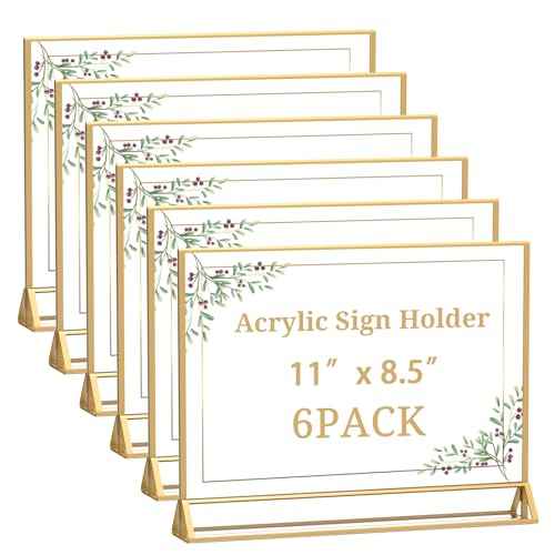 Clear Acrylic Sign Holder 11x 8.5 Horizontal Double Sided Gold Frame Flyer Holder for Wedding Table Number Menu Holder (6pcs)