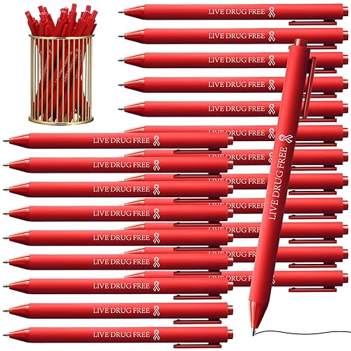 Cholemy 400 Pcs Red Ribbon Week Ballpoint Pens Live Drug Free Red Ribbon Awareness Pens Bulk Black Ink Retractable for Volunteer Fundraising Charity Event Party Favors Activity Supplies