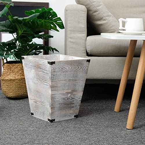 Rustic Whitewashed Torched Wood Square Waste Basket Recycle Bin Trash Can Decorative Metal Brackets Whitewashed Wooden Garbage Container Ash Holder Bedroom Living Room Home Office