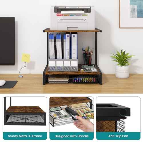 ELITEROO 2-Tier Desktop Printer Stand with Storage Drawer, Wooden Printer Stand for Desk, Small Printer Table with Shelf for Home Office, Fits Fax Machine, Scanner, 3D Printer, Rustic Brown