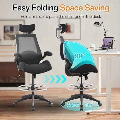 BOLISS 400lbs High Back Wide Computer Office Drafting Chair Flip up Armrests Lumbar Support Adjustable Big Footrest Ring(Black)