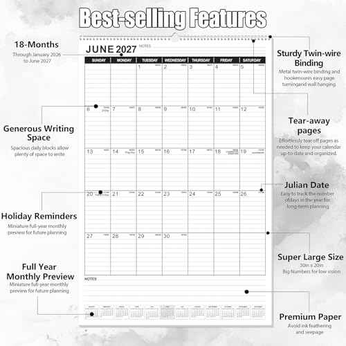 OuMuaMua Extra Large Wall Calendar 2026, 30" X 20" Vertical Jumbo Wall Calendar 2026-2027,18-Month Hanging Planner Wall From 2026 Jan - 2027 Jun with Spiral Bound For School Home Office Organizing