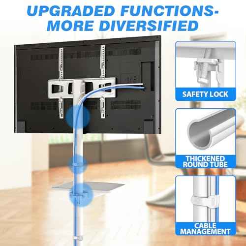 Rfiver Mobile TV Stand for 23-60 Inch LCD LED Flat/Curved Panel Screen TVs up to 88 lbs, Rolling TV Stand with Adjustable Shelf & Tilt, Portable Floor Stand on Wheels for Bedroom, Living Room, White