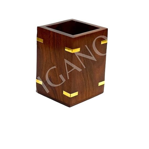 WIGANO 4"inch X3" inch Wooden Square Pen Holder/Pen Pencil Stand Multi Purpose Desk Organizer Rosewood with attractive Brass Work