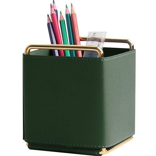 Kelendle Leather Pencil Holder Desktop Organizer Iron Art Desktop Makeup Brush Remote Control Storage Box Office Pen Holder for Desk Green