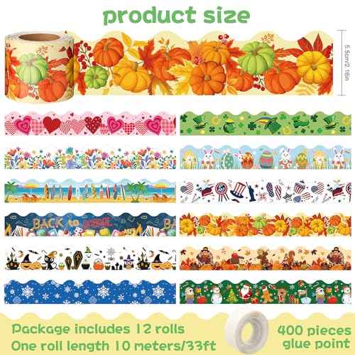 Geyee 12 Rolls 394 ft Holiday Bulletin Board Borders Seasonal Bulletin Board Decorations Fall Pumpkin Thanksgiving Christmas Winter Trim for School Classroom Wall Decor