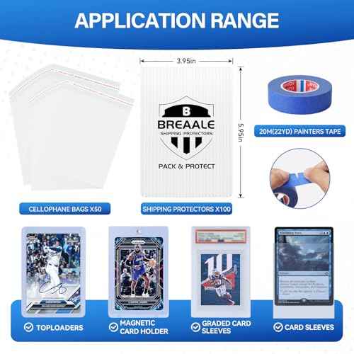 Trading Card Shipping Kit, Includes 100 4'' x 6'' Graded Card Shipping Protectors, 50 6'' x 8.7'' Envelope Bubble Mailers, 20M Painter¡¯s Tape, 50 Cellophane Bags, PSA BGS CGC Slabs & Raw