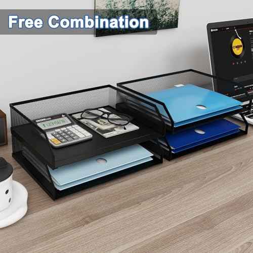 Natwind 4-Tier Stackable Paper Tray, Metal Mesh Desktop Organizer, A4 Paper Sorter, Letter Trays,File Folder Sorter Organizer with Sliding Tray for Home, Office, School (Black)