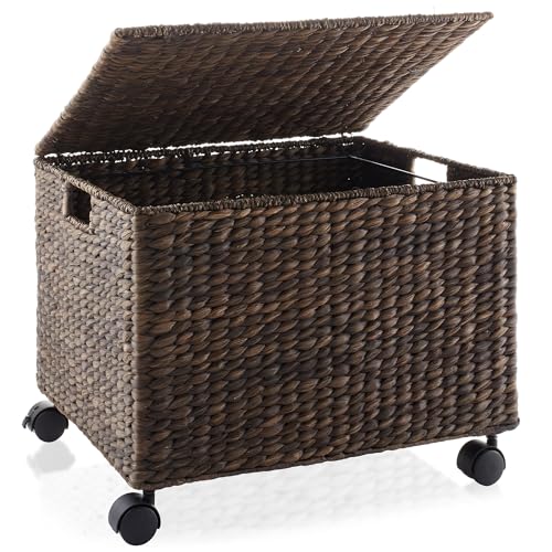 Casafield Espresso Rolling Filing Cabinet with Water Hyacinth, Lidded, 4 Casters