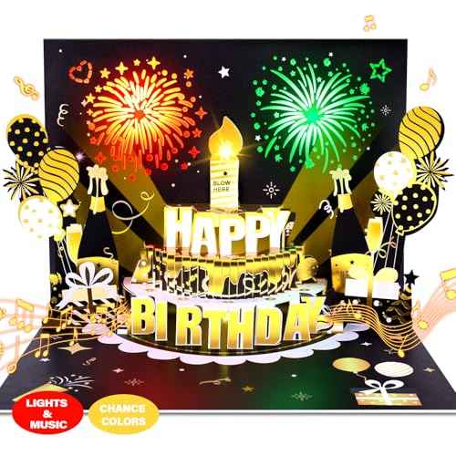 DIY Age Birthday Cards, 3D Pop-Up Firework Birthday Cards with Music & LED Lights, Happy Birthday Gifts for Mom, Women, Men, Kids, Dad, Father, Wife