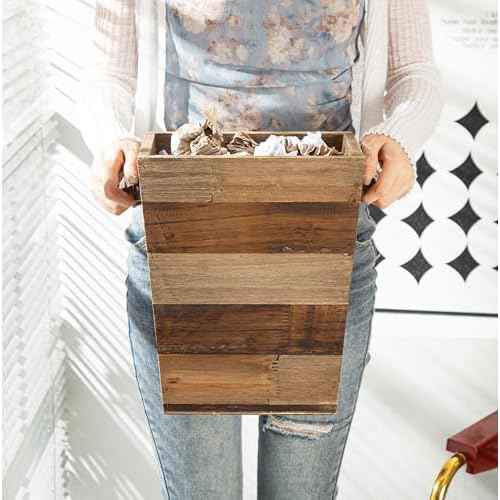 Small Wood Trash Can, Farmhouse Rectangular Garbage Can Waste Basket, Rustic Distressed Reclaimed Wood Wastebasket, Vintage Wooden Trash Recycling Bin Storage Basket with Metal Handles (Natural)