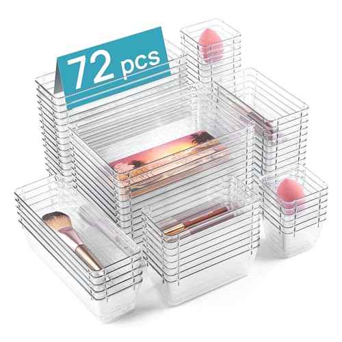 Vtopmart 72 PCS Clear Plastic Drawer Organizers Set, 4-Size Versatile Bathroom and Vanity Organizer Trays, Non-Slip Storage Containers for Makeup, Jewelries, Bedroom£¬Kitchen Utensils and Office