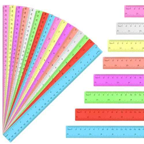 16 Pack Assorted Color Clear Rulers 12 inch, Plastic Ruler Bulks for Classroom, Transparent Metric Rulers for Kids with Inches and Centimeters for School, Home, Office Supplies