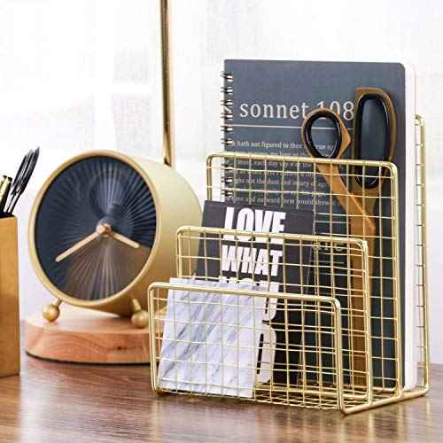 3 Slots Letter Holder, Metal Multifunctional File Holder for Mails, Books, Brochures and Postcards, Desktop Office Organizer Decoration, 5.6¡± x 3.7¡± x 7.0¡±, Gold