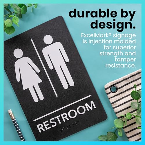 ExcelMark Unisex ADA Compliant Restroom Sign with Braille - 9x6 Inch Bathroom Sign with Double-Sided Tape
