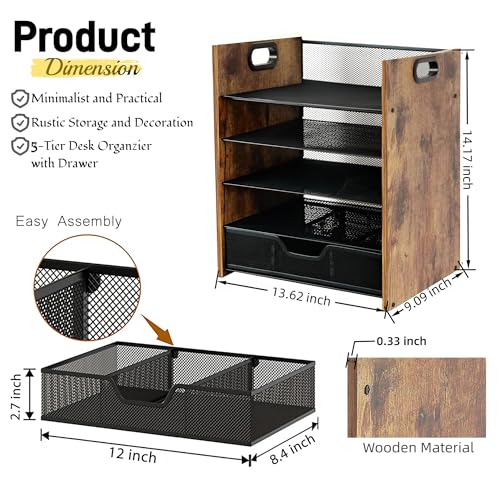 Wood Desk Organizer - 5-Tier Desktop File Organizer with Drawer, Wooden Paper Tray, Office Desk Organzier and Accessories for Papers, Mail, Notebooks, Stationery