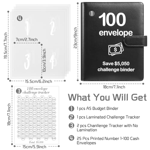 Magnetic Black Money Saving Challenge Binder with Laminated Tracker & Cash Envelopes