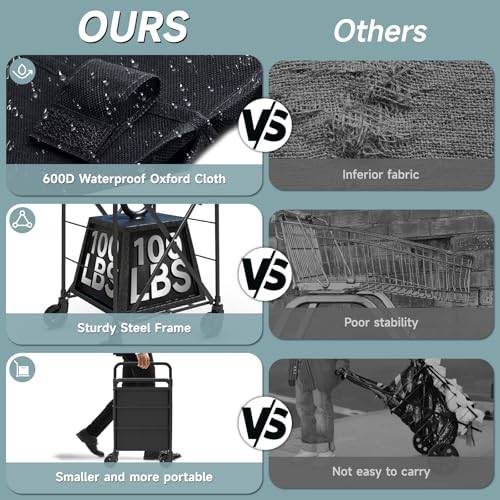 Folding Shopping Cart for Groceries, Grocery Cart on Wheels, 360¡ÆRolling Swivel Wheels Portable Heavy Duty Utility Cart for Shopping, Grocery, Laundry (X-Large)