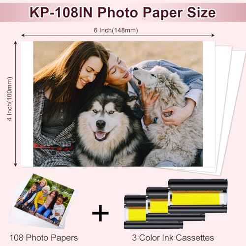 NineLeaf Compatible for Canon Selphy CP1500 CP1300 Ink and Paper KP-108IN KP108 3 Color Ink Cartridges and 108 Sheets 4x6 Photo Paper Glossy for Selphy CP1200 CP1000 CP910 CP900 CP810 Photo Printer