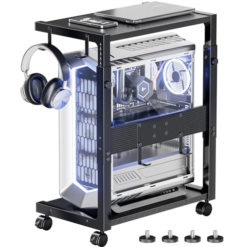 Adjustable Computer Tower Stand 23-28 in Height • Rolling Desk CPU Holder with 4 Hooks