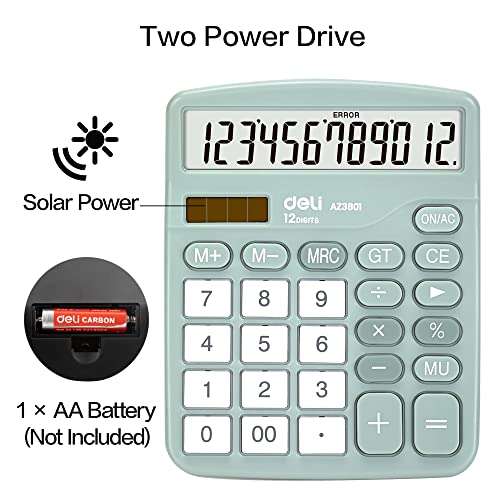 Deli Green Desktop Calculator with 12-Digit LCD, Solar & Battery Dual Power