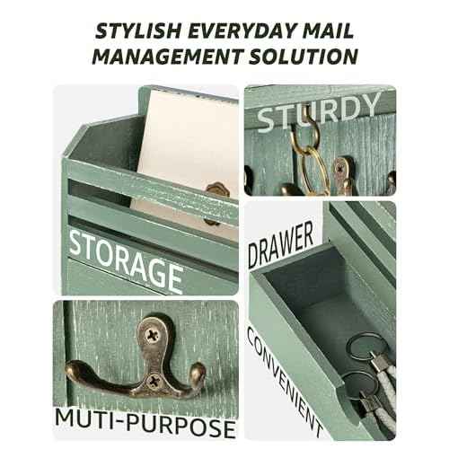 Rebee Vision Pine Wood Mail and Key Organizer for Wall ? Farmhouse Mail Organizer Wall Mounted with 7 Sturdy Hooks & Drawer Storage ? Apartment Essentials for Stylish Home Decor (Green)