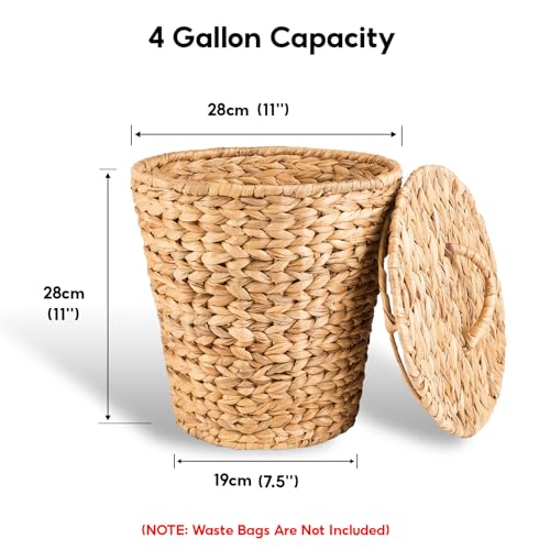 Small Trash Can with Lid, 4 Gallon Waste Basket with Lid, Round Wicker Waste Basket, Handwoven Lidded Trash Can for Bathroom, Bedroom, Kitchen, 2 Pack