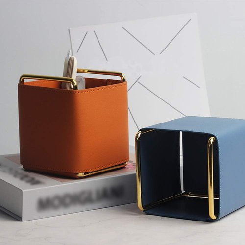 Kelendle Leather Pencil Holder Desktop Organizer Iron Art Desktop Makeup Brush Remote Control Storage Box Office Pen Holder for Desk Green