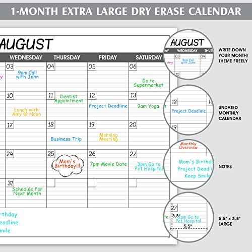 Large Dry Erase Calendar for Wall - Undated 1 Month Big Wall Calendar, 40" x 30", Erasable & Reusable Laminated Calendar Max with 8 Round Stickers, Great Layout Wall Calendar Dry Erase for Home, Office and School