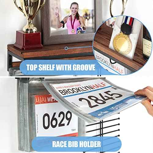 Medal Display Hanger Marathon Race Bibs Display Holder, Wall Mounted Trophy Shelf Rack and Hooks for Running, Sports, Gymnastics Awards 50 Bib Flip Pouches- MK817A