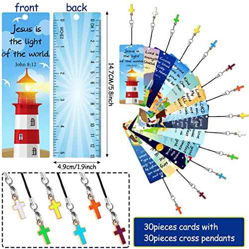30 Pieces Christian Bookmarks for Kids Bible Verse Bookmarks with Cross Pendants Scripture Inspirational Quotes School Gifts Church Supplies for Kids Teens Adult Teachers