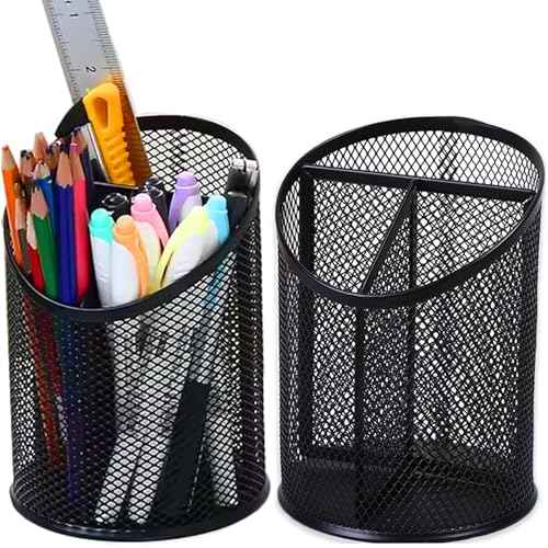 2 Pack Mesh Pencil Holder Pen Cup for Desk Round Black Pen Holder Desktop Pen Organizer 3 Compartments Pencil Organizer Desk Organizer for Office Home School