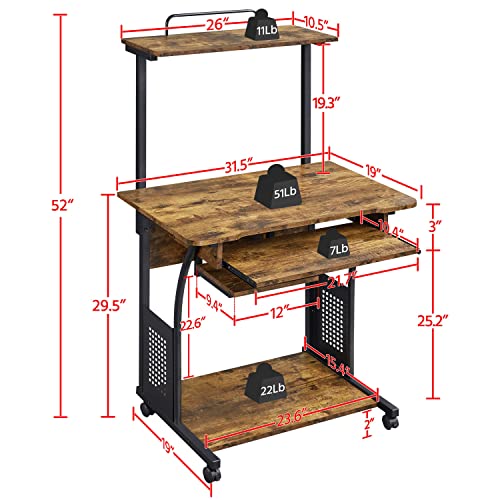 Yaheetech Rustic Brown Small Rolling Computer Desk with Hutch & Shelves