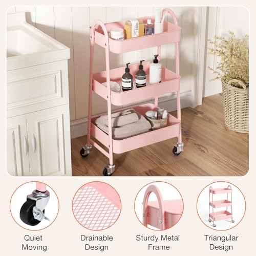 Sweetcrispy 3 Tier Metal Storage Utility Cart with Wheels, Kitchen Organizer Trolley Rolling Bathroom Laundry Room Bar Office Shelves Mobile Shelving Unit Caster for Snack Bedside Narrow Places, Pink