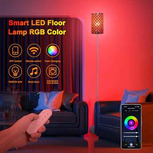 Crystal Floor Lamp,LED Modern Tall Light Standing Lamp, RGB LED Floor Lamp with On/Off Foot Switch Silver Tall Pole Lighting for Bedroom Remoter &APP Control Stepless Dimmable (E26 Base)