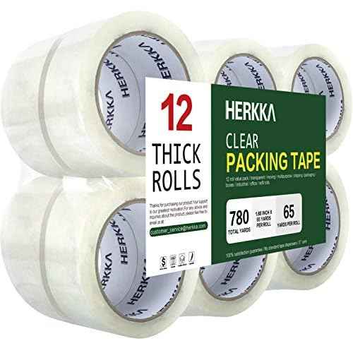 HERKKA Clear Packing Tape, 12 Rolls Heavy Duty Packaging Tape for Shipping Packaging Moving Sealing, Thicker Clear Packing Tape, 1.88 inches Wide, 65 Yards Per Roll, 780 Total Yards