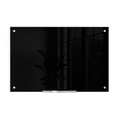 U Brands Glass Dry Erase Board, 35"x23", Black Surface with Silver Grommets, Frameless, Includes Marker with Built-in Eraser