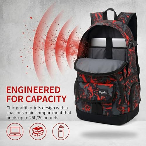 Red Rickyh Style School Backpack for Men & Women, Lightweight Travel Bag, 25L