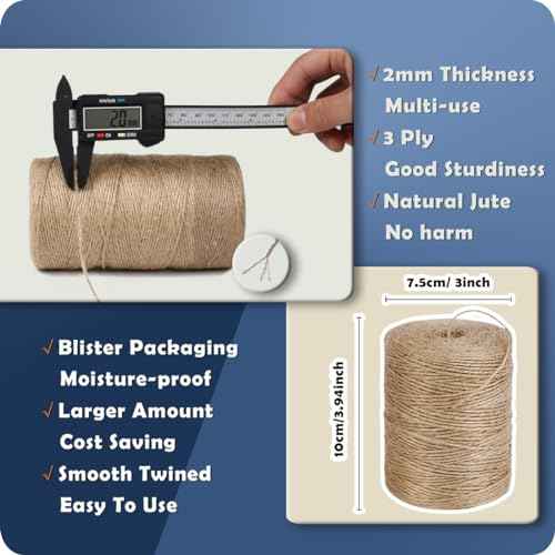 2Pack 2mm Natural Jute Twine String 1600 Feet Long Twine String for Crafting Gardening Gift Wrapping Macrame DIY Home Decor (Brown-800Feet/Roll)